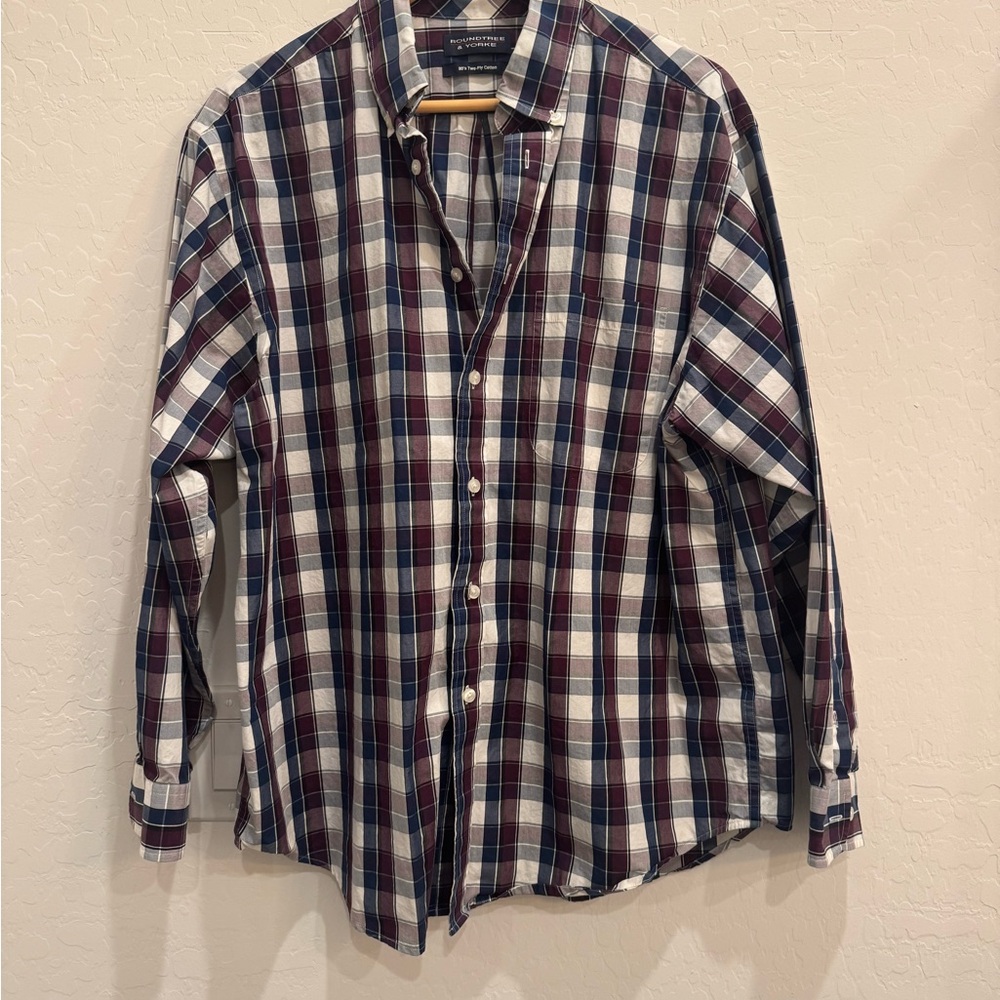 Roundtree & Yorke Navy and Burgundy Plaid Shirt